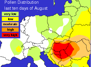 Karta rasprostranjenosti ambrozije u Evropi u poslednjih 10 dana avgusta